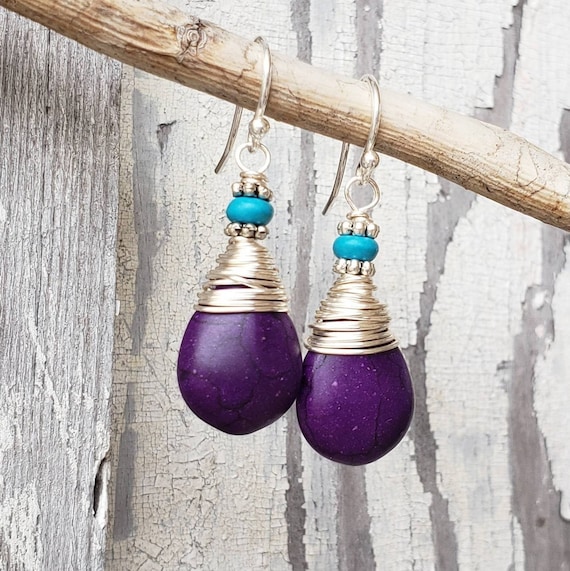 Wire wrapped Purple Turquoise Earrings