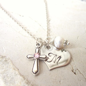 Baptism Gift. Children&#39;s Birthstone Cross Necklace. Girl&#39;s Heart Initial & Pearl Charm Necklace. First  Communion Gift. Birthstone Jewelry