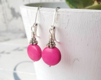 Pink Howlite Dangle Earrings. Pink Earrings. Pink Drop Earrings. Flamingo Pink Jewelry. Valentine's Earrings. Breast Cancer Jewelry