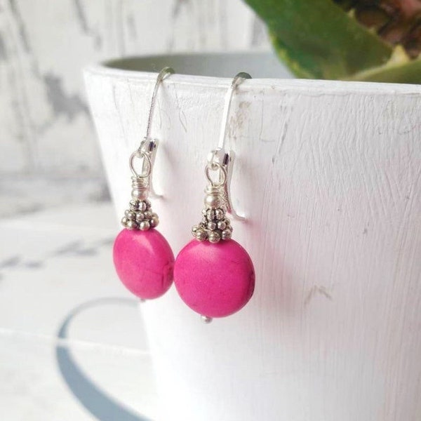 Pink Howlite Dangle Earrings. Pink Earrings. Pink Drop Earrings. Flamingo Pink Jewelry. Valentine's Earrings. Breast Cancer Jewelry