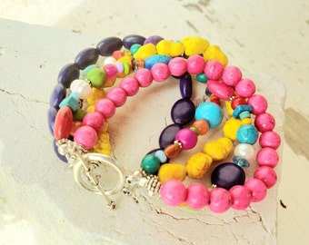 Bright Color Bracelet. Multi Color Semi Precious Stone Bracelet. Five Strand Toggle Bracelet. Multi Color Jewelry. Colorful Jewelry. Jewelry