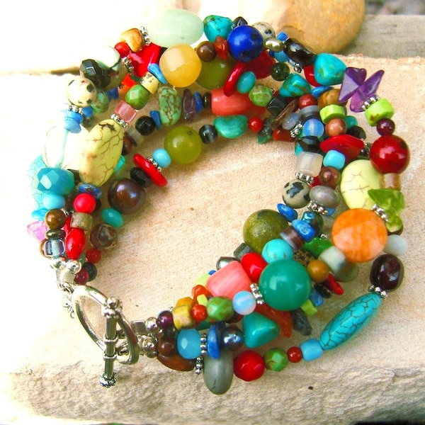 Multi Color Bracelet. Multi Semi Precious Stone Bracelet. Six Strand Toggle Bracelet. Multi Color Jewelry. Colorful Jewelry. Boho Jewelry
