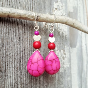 Valentine&#39;s Earrings. Hot Pink Heart Earrings. Bright Pink Earrings. Pink Jewelry. Heart Jewelry. Valentine&#39;s Jewelry Gift for Her