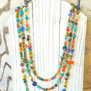 Multi Color Necklace. Multi Semi Precious Stone Necklace. Three Strand Graduated Long Necklace. Colorful Long Necklace. Colorful Jewelry