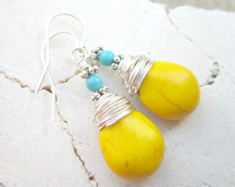 Wire Wrapped Yellow and Turquoise Earrings. Yellow Turquoise Howlite Dangle Earrings. Sunny Yellow Earrings.Turquoise and Yellow Jewelry