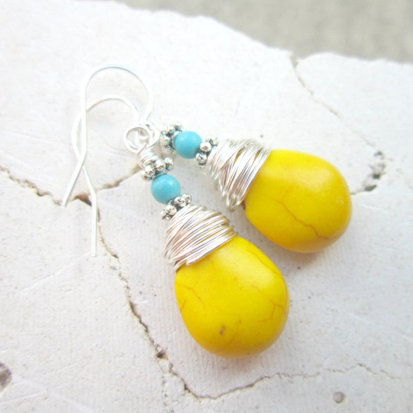 Wire Wrapped Yellow and Turquoise Earrings. Yellow Turquoise Howlite Dangle Earrings. Sunny Yellow Earrings.Turquoise and Yellow Jewelry