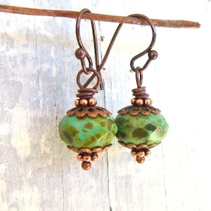 Green Dangle Earrings. Green Glass Bead & Copper Drop Earrings. Copper Earrings. Czech Glass Jewelry. Green Jewelry