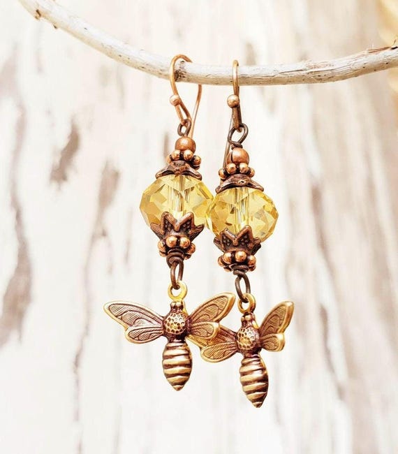 Honey Bee Earrings. Honey Bee Jewelry. Light Topaz Faceted Crystal