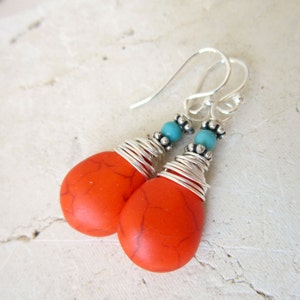 Wire Wrapped Orange and Turquoise Earrings. Orange Turquoise Howlite Dangle Earrings. Tangarine Orange Earrings. Orange Jewelry image 2