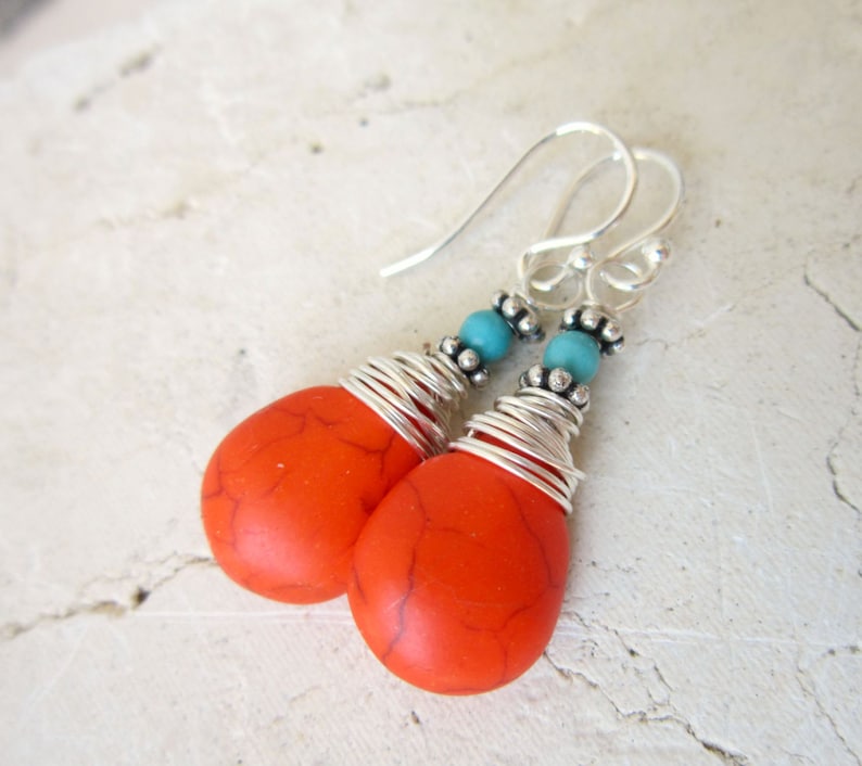 Wire Wrapped Orange and Turquoise Earrings. Orange Turquoise Howlite Dangle Earrings. Tangarine Orange Earrings. Orange Jewelry image 2