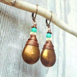 Bronze Glass Drop and Turquoise Earrings. Wire Wrapped Brown Briolette Earrings. Bronze Dangle Earrings. Brown Earrings. Brown Jewelry. Gift