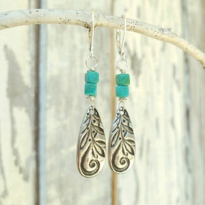 Green Turquoise Earrings. Genuine Green Turquoise Silver Floral Design Dangle Earrings. Turquoise and Silver Earrings.Sundance Style Jewelry