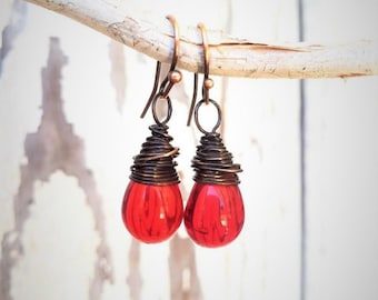 Ruby Red Earrings. Oxidized Wire Wrapped Teardrop Red Dangle Earrings. Red Czech Glass Earrings. Red Jewelry. Red Valentines Jewelry