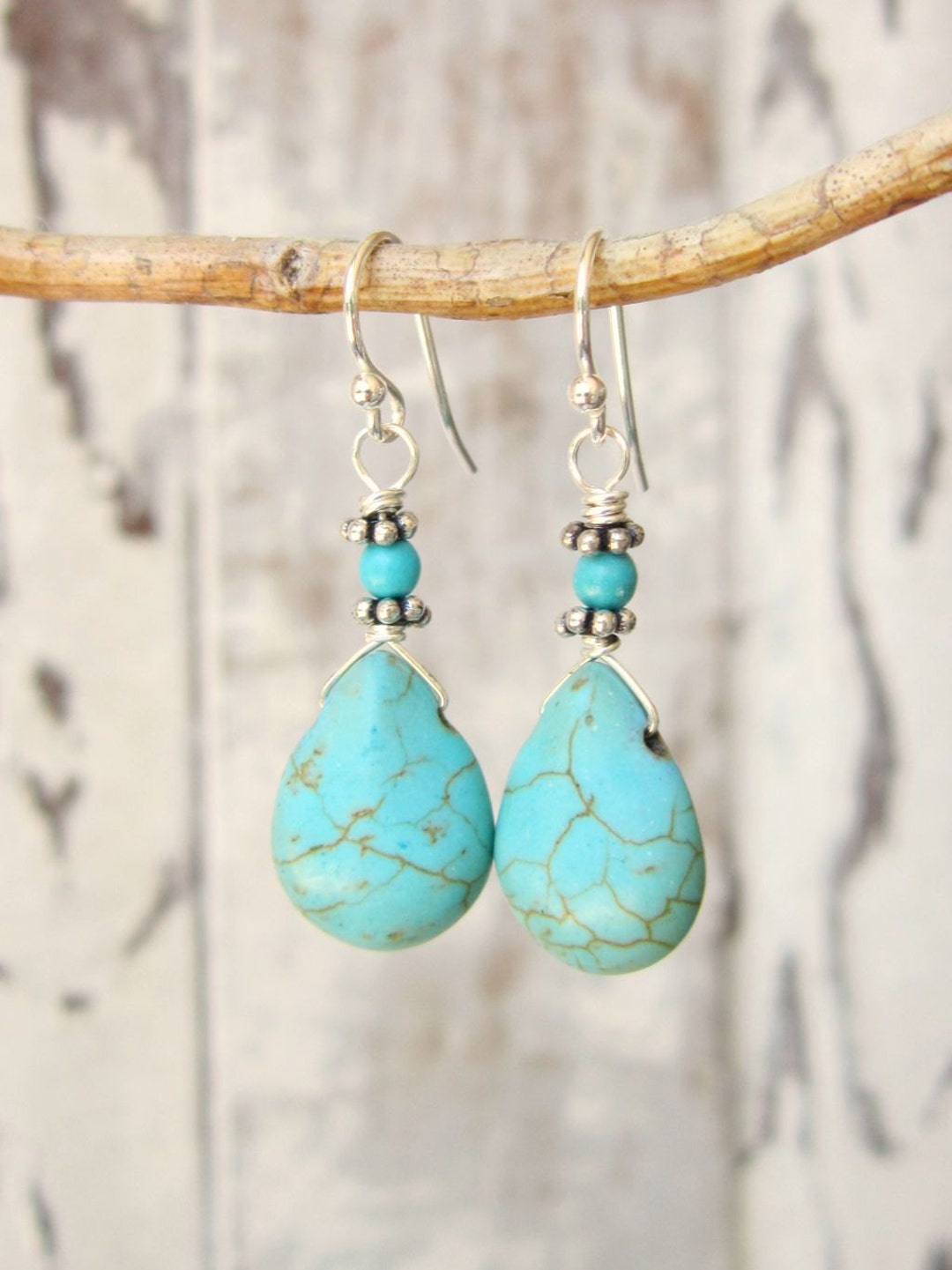 Turquoise Drop Earrings. Wire Wrapped Turquoise Howlite Dangle Earrings