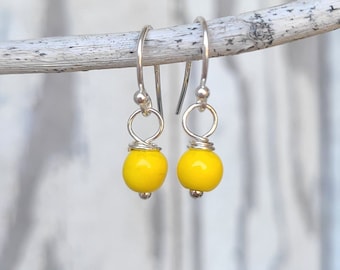 Tiny Yellow Earrings. Yellow Howlite Turquoise Earrings. Bright Yellow Turquoise Dangle Earrings. Small Yellow Earrings. Yellow Jewelry