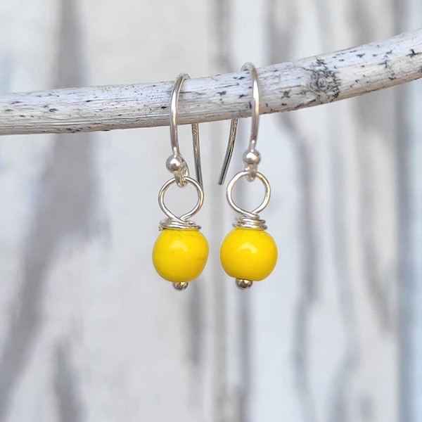 Tiny Yellow Earrings. Yellow Howlite Turquoise Earrings. Bright Yellow Turquoise Dangle Earrings. Small Yellow Earrings. Yellow Jewelry