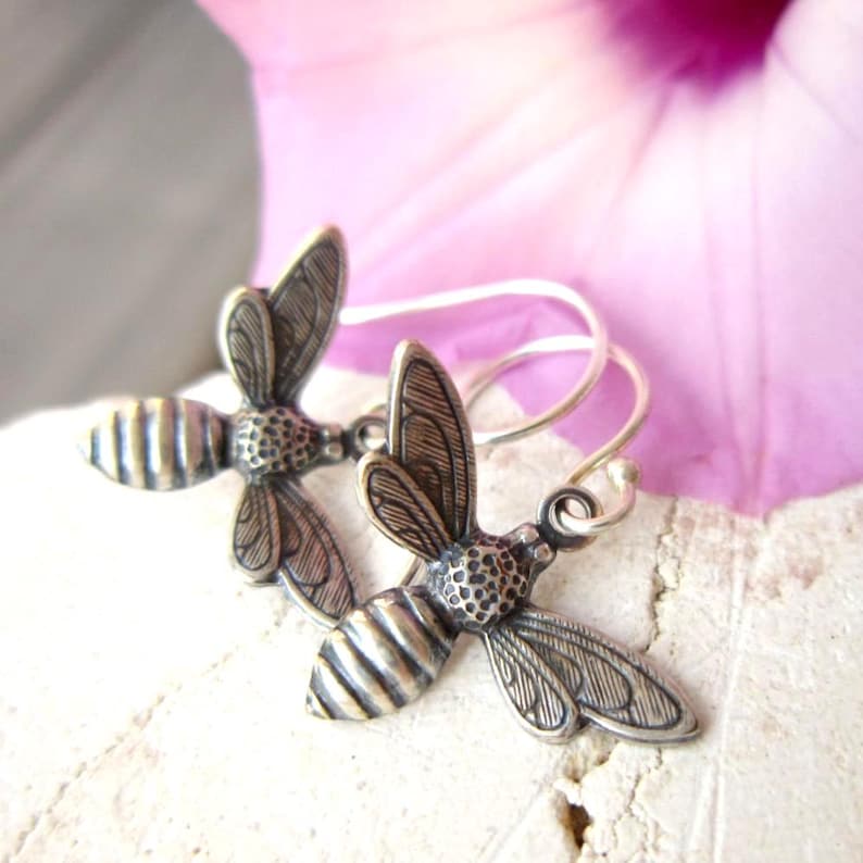 Silver Honey Bee Earrings. Honey Bee Dangle Earrings. Gift for a Beekeeper. Honey Bee Jewelry.Gift for a Bee Lover. Beekeeper Jewelry image 1
