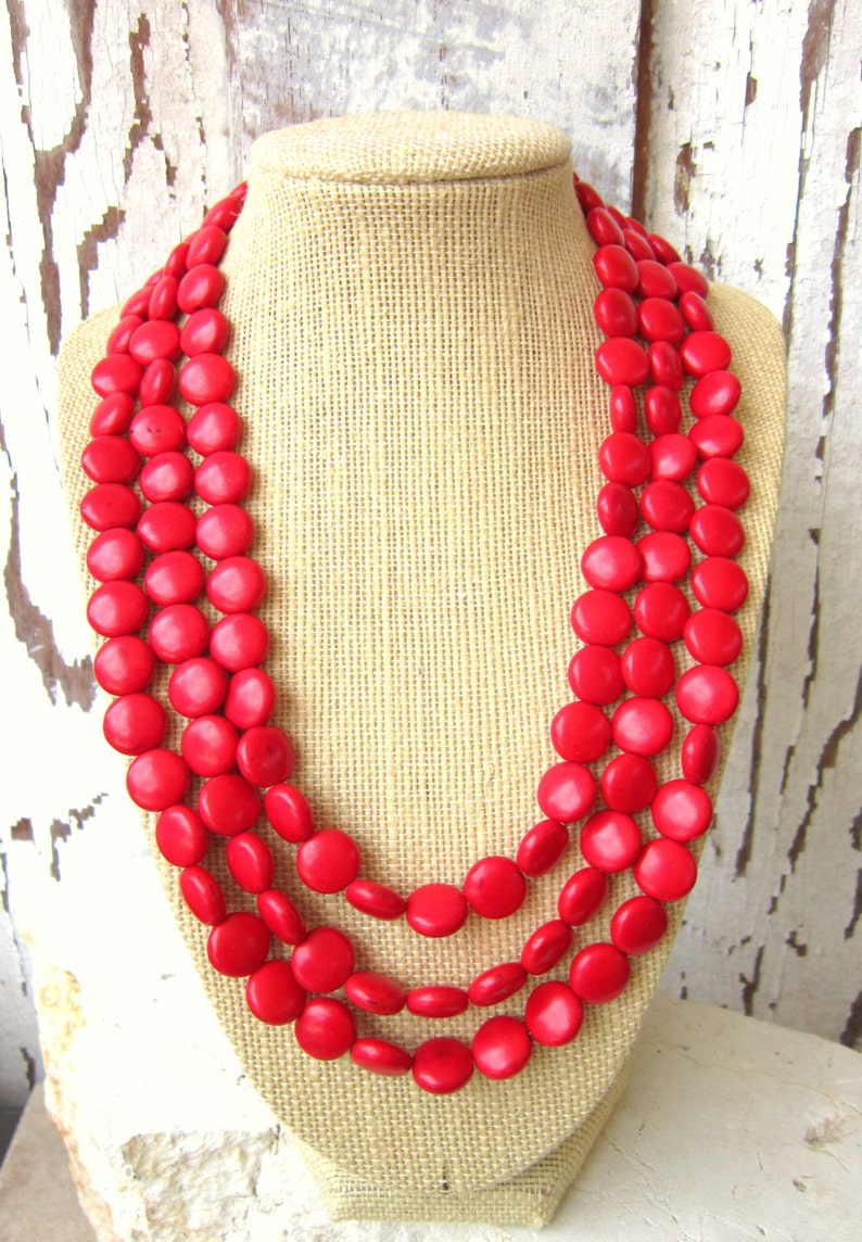 Red Turquoise Necklace.Triple Strand Red Howlite Necklace. Red Statement Necklace. Red Jewelry. Red Necklace. Red Bridesmaid Jewelry image 1