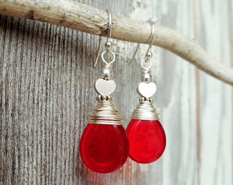 Red Valentine's Earrings. Sterling Silver Wire Wrapped Teardrop Red Earrings. Czech Glass Heart Earrings. Red Jewelry. Valentine's Jewelry