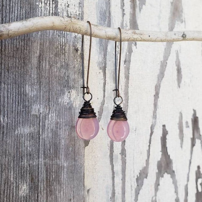Long Opal Pink Earrings. Wire Wrapped Pink Opal Glass | Etsy