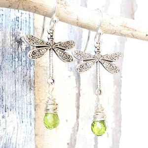 Dragonfly Earrings. Genuine Peridot Earrings. Long Gemstone Dangle Earrings. August Birthstone Jewelry. Dragonfly Jewelry. Peridot Jewelry