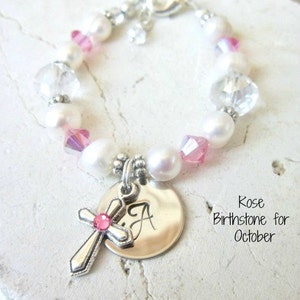 October Birthstone Bracelet.First Communion Gift.Children&#39;s Pink Crystal Cross Pearl Bracelet.Birthstone Jewelry.