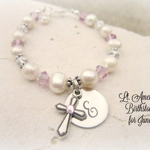 June Birthstone Bracelet.First Communion Gift.Children&#39;s Light Amethyst Crystal Cross Pearl Bracelet.Birthstone Jewelry.Amethyst Bracelet