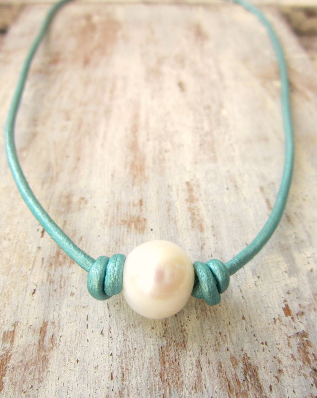 Pearl Choker Necklace.turquoise Leather and Pearl Necklace Large White ...