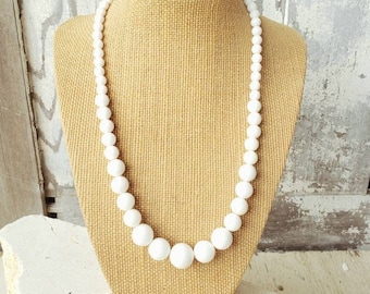 White Beaded Necklace. White Graduated Necklace. White Statement Necklace. White Jewelry Bridesmaid Jewelry. White Glass Necklace.