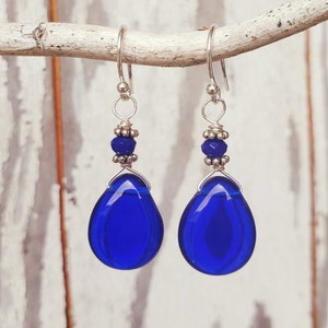 Cobalt Blue Earrings. Silver Wire Wrapped Glass Dangle Earrings. Blue Glass Earrings. Blue Glass Jewelry. Cobalt Blue Jewelry. Gift for Her