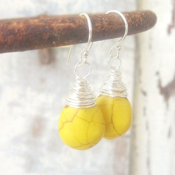 Yellow Earrings. Yellow Howlite Earrings. Yellow Turquoise Tear Drop Dangle Earrings. Yellow Stone Earrings. Yellow Jewelry. Sunny Yellow