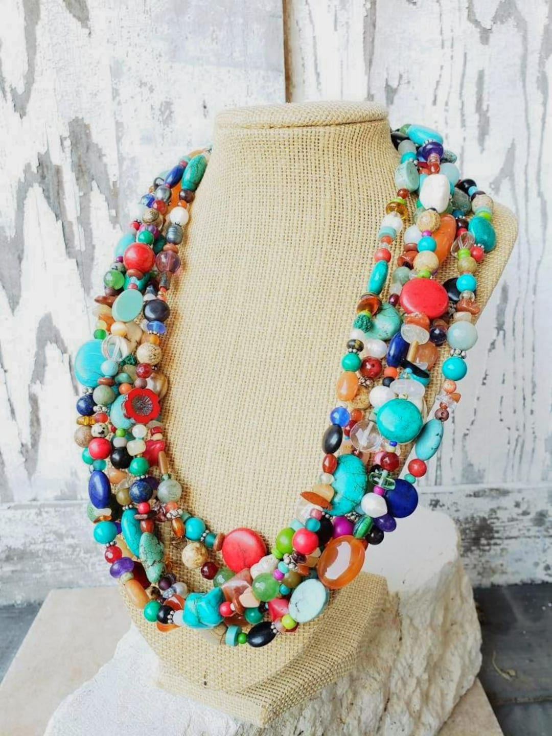 Buy Semi Precious Stone Multi Color Six Strand  Statement Multi Color Stone  Necklace