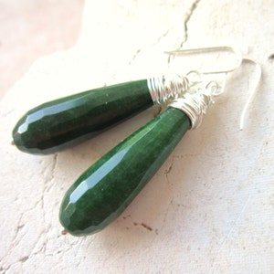 Dark Green Long Dangle Earrings. Green Faceted Jade Earrings. Sterling Silver Wire Wrapped Green Stone Earrings. Dark Green Jade Jewelry