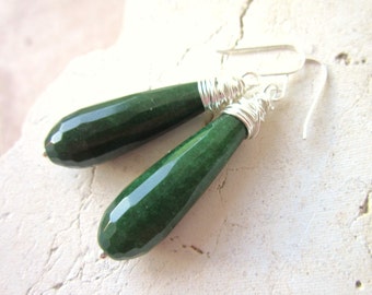 Dark Green Long Dangle Earrings. Green Faceted Jade Earrings. Sterling Silver Wire Wrapped Green Stone Earrings. Dark Green Jade Jewelry