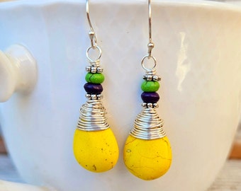 Yellow, green and purple Earrings. Mardi Gras Earrings. Purple, Green and Yellow Earrings. Festive Mardi Gras Jewelry. Wire Wrapped Earrings