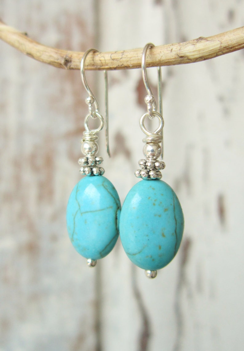 Blue Turquoise Earrings Oval Turquoise Dangle Earrings Howlite Stone /& Silver Drop Earrings Turquoise Jewelry Howlite Jewelry