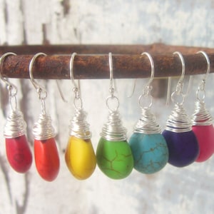 Set of 3 Earrings. Choice of Color Dangle Earrings. Colorful Wire Wrapped Drop Earrings. Turquoise Howlite Jewelry. Spring & Summer Jewelry
