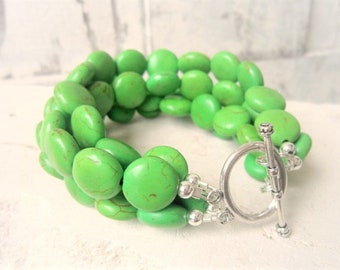 Apple Green Bracelet. Four Strand Green Bracelet. Green Beaded Bracelet. Green Turquoise Chunky Bracelet.Green Jewelry.Green Beaded Bracelet