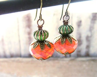 Czech Glass Dangle Earrings. Verdigris Drop Earrings. Copper Earrings. Verdigris Jewelry