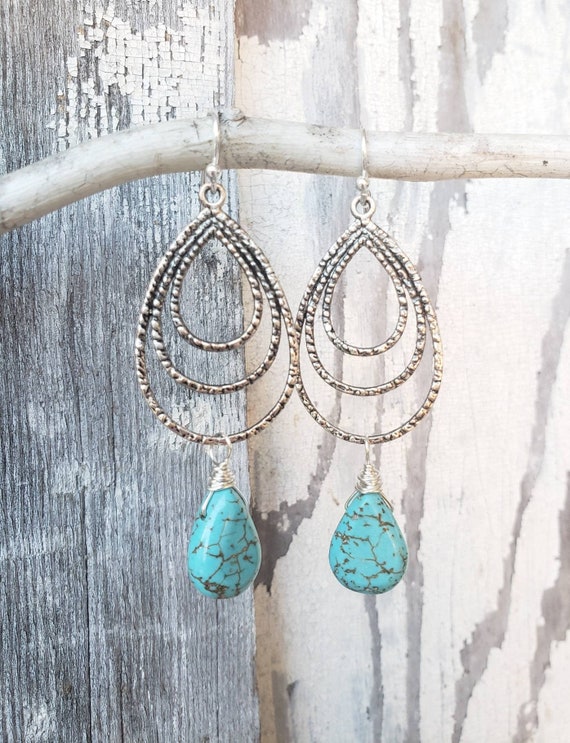 Blue Turquoise Earrings. Long Silver Pewter Teardrop Earrings With