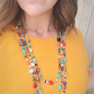 Long Semi Precious Stone Necklace. Three Strand Graduated Gem Stone Necklace. Colorful multi Strand Necklace. Semi Precious Stone Jewelry
