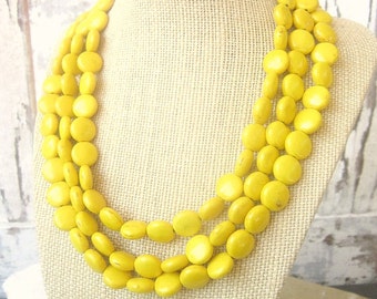 Yellow Turquoise Statement Necklace. Triple Strand Yellow Howlite Necklace.Yellow Jewelry. Yellow Necklace. Yellow Bridesmaid Jewelry
