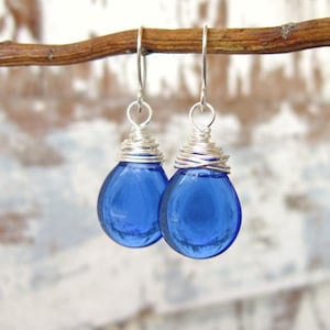 Sapphire Blue Glass Dangle Earrings. Wire Wrapped Czech Glass Blue Earrings. Blue Glass Earrings. Royal Blue Glass Jewelry. Blue Jewelry