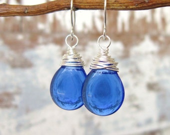 Sapphire Blue Glass Dangle Earrings. Wire Wrapped Czech Glass Blue Earrings. Blue Glass Earrings. Royal Blue Glass Jewelry. Blue Jewelry