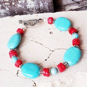 Genuine Red Coral and Turquoise Bracelet.Turquoise Toggle Bracelet.Genuine Turquoise Jewelry.Southwest Jewelry. Semi Precious Stone Bracelet