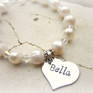 Personalized Pearl Bracelet. Girl&#39;s Heart Charm Name Bracelet.Flower Girl Jewelry.Baptism Gift. First Communion Gift.Wedding Jewelry