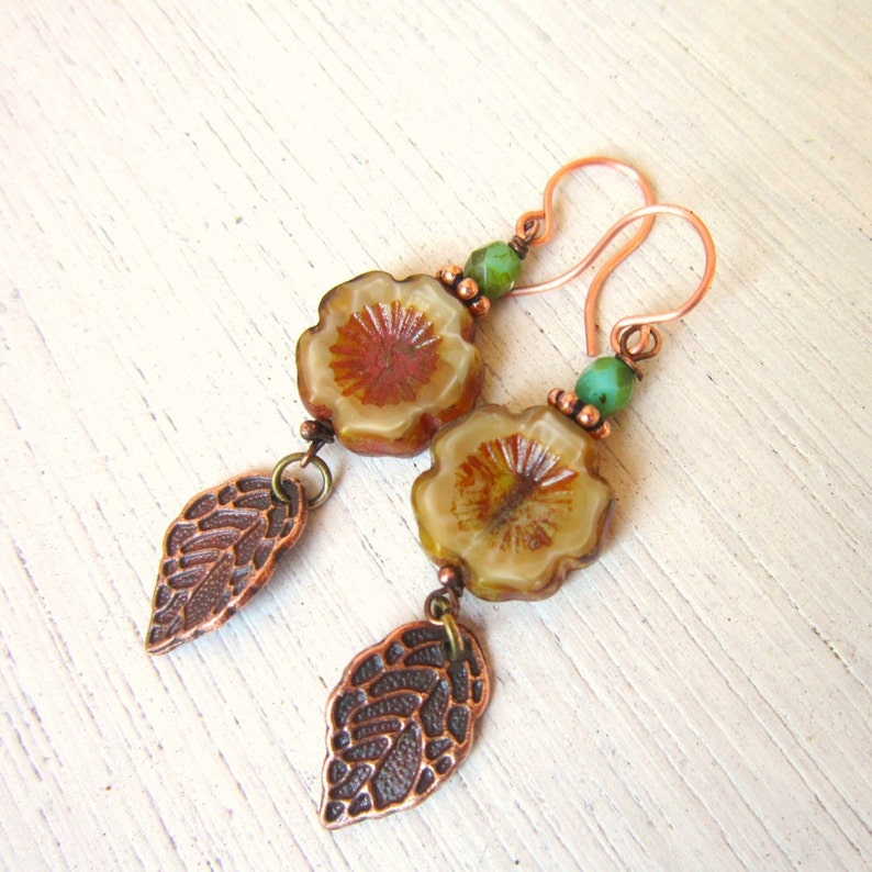 Czech Glass Flower Earrings.Brown Glass Flower Bead & Copper Leaf Dangle Earrings.Copper Flower Earrings.Czech Glass Jewelry. Rustic Jewelry image 1