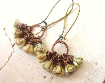 Floral Czech Luster Glass Earrings. Hammered Copper Earrings. Wire Wrapped Dangle Earrings. Cluster Earrings