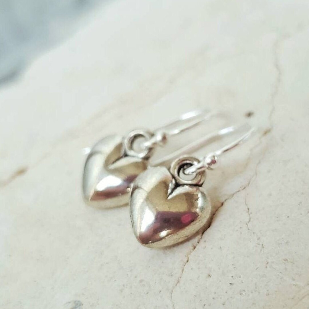 Sterling Silver Puffed Heart Earrings. Silver Heart Dangle Earrings ...