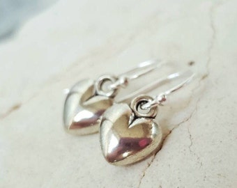 Sterling Silver Puffed Heart Earrings. Silver Heart Dangle Earrings. Sterling Silver Jewelry Earrings. Puffed Heart Jewelry. Gift for Heart